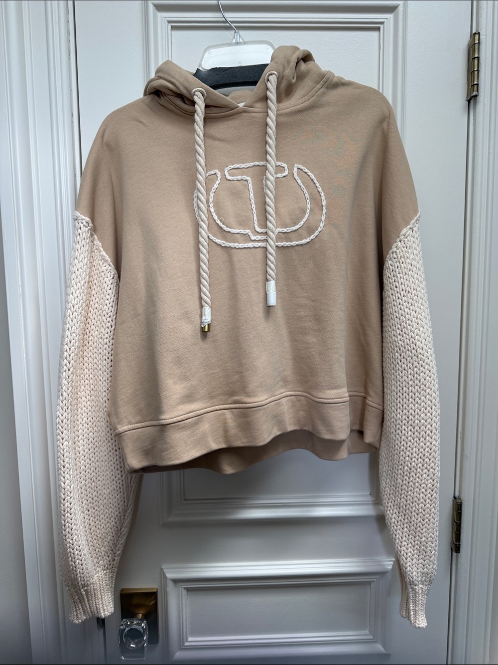 Twin-Set Beige Cropped Hoodie with Cream Knit Sleeves